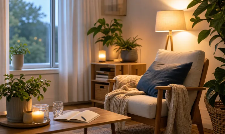 Gemütlicher Wohnbereich mit warmer Lampe, Pflanzen und ruhiger Abendstimmung